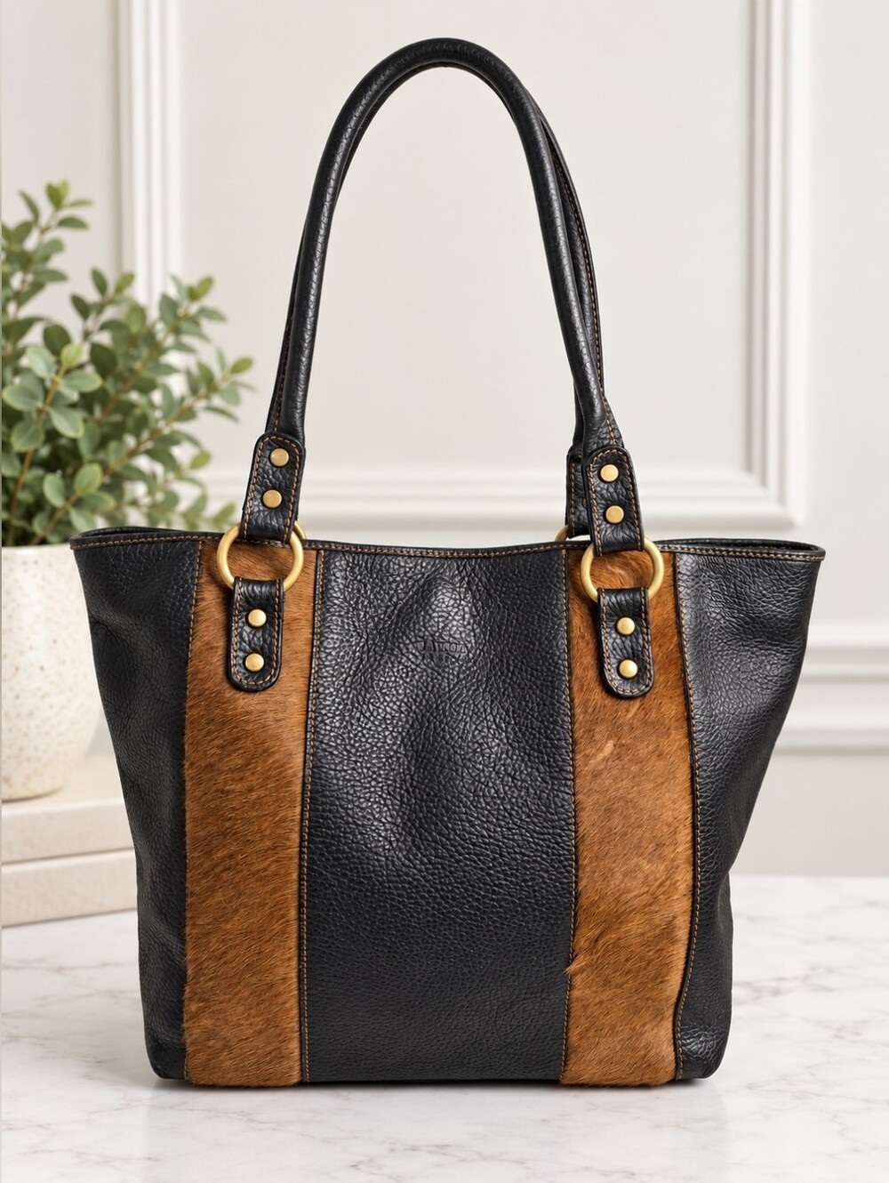 Claudia Firenze Black Leather Calf Hair Tote Bag Brown Brass Studs